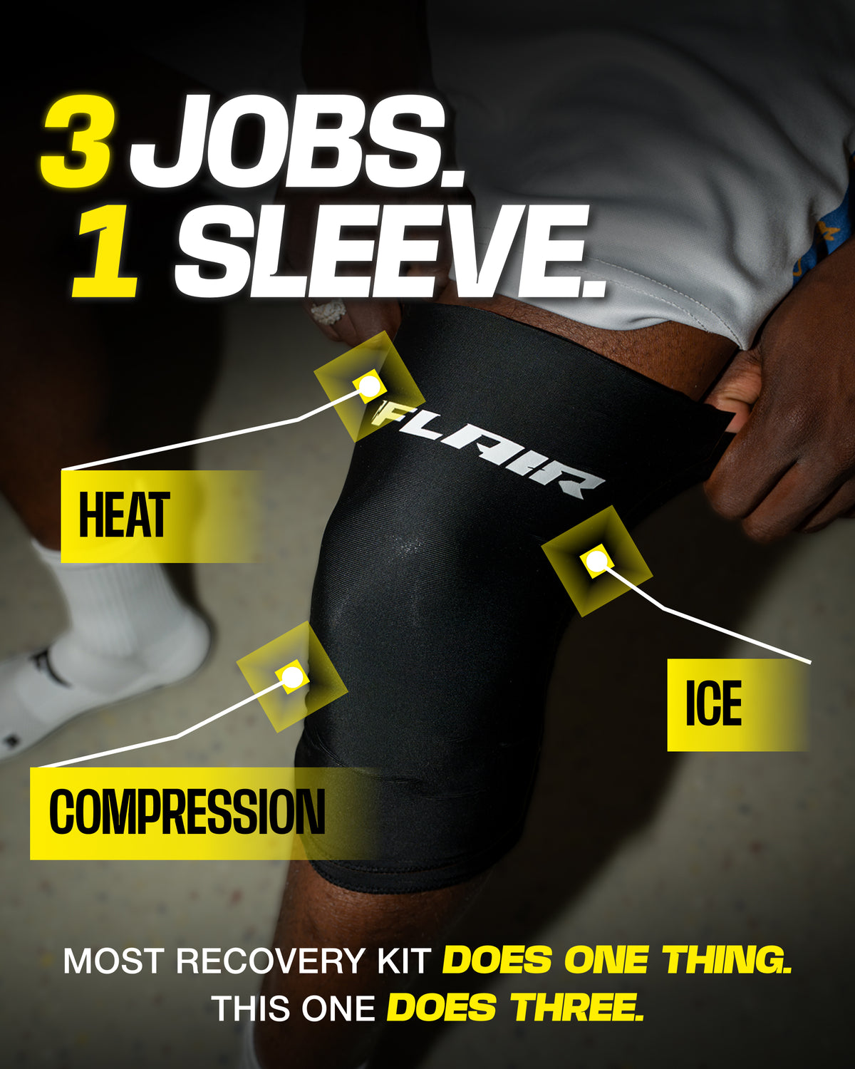 FLAIR Hot & Cold Sleeve on the knee with callouts for heat, ice and compression